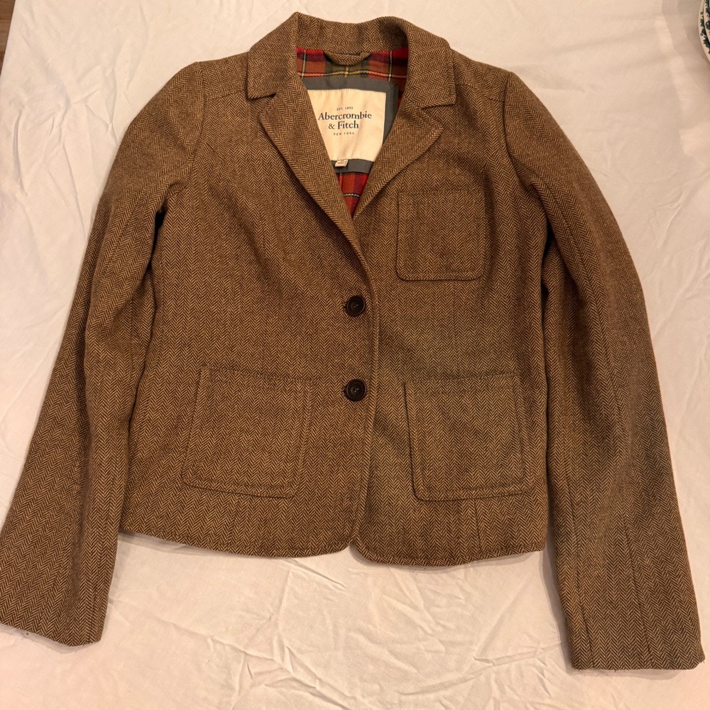 Abercrombie & Fitch Brown Herringbone Wool Blend Plaid Lined Blazer Jacket Med